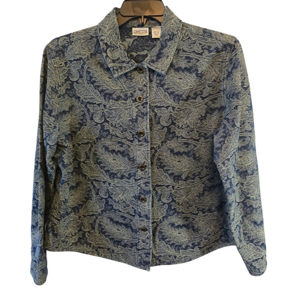 CHICO'S BLUE CREAM PAISLEY PRINT BUTTON UP BROCADE JACKET SIZE 3 (XLARGE - 16)